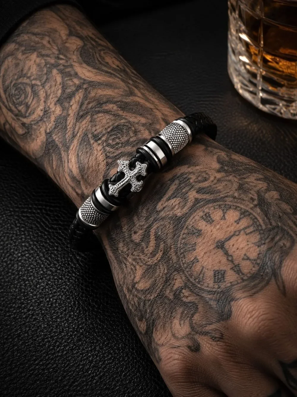 Men's Black Leather Bracelet with Silver Cross Accent